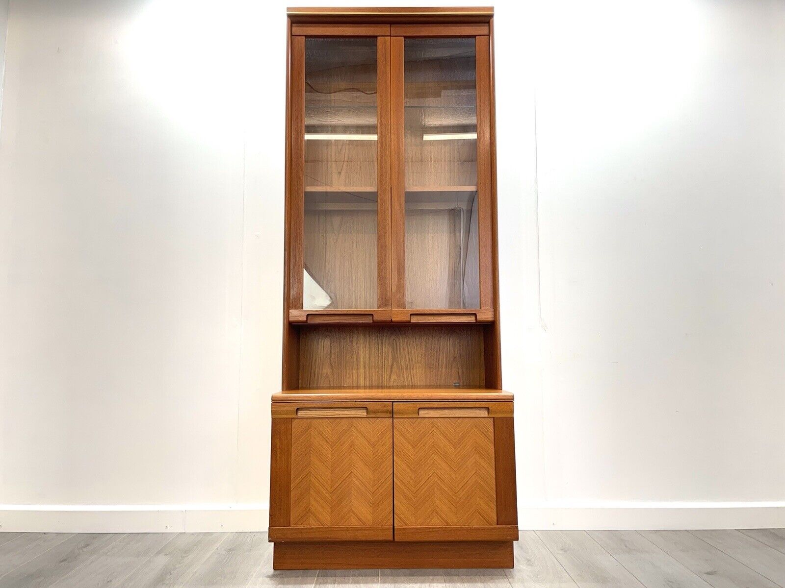 A Rare G Plan Herringbone, Teak and Glass Illuminated Bookcase / Display Cabinet