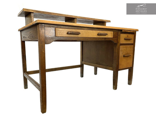 Vintage Oak Teachers Desk With Solid Oak Gallery