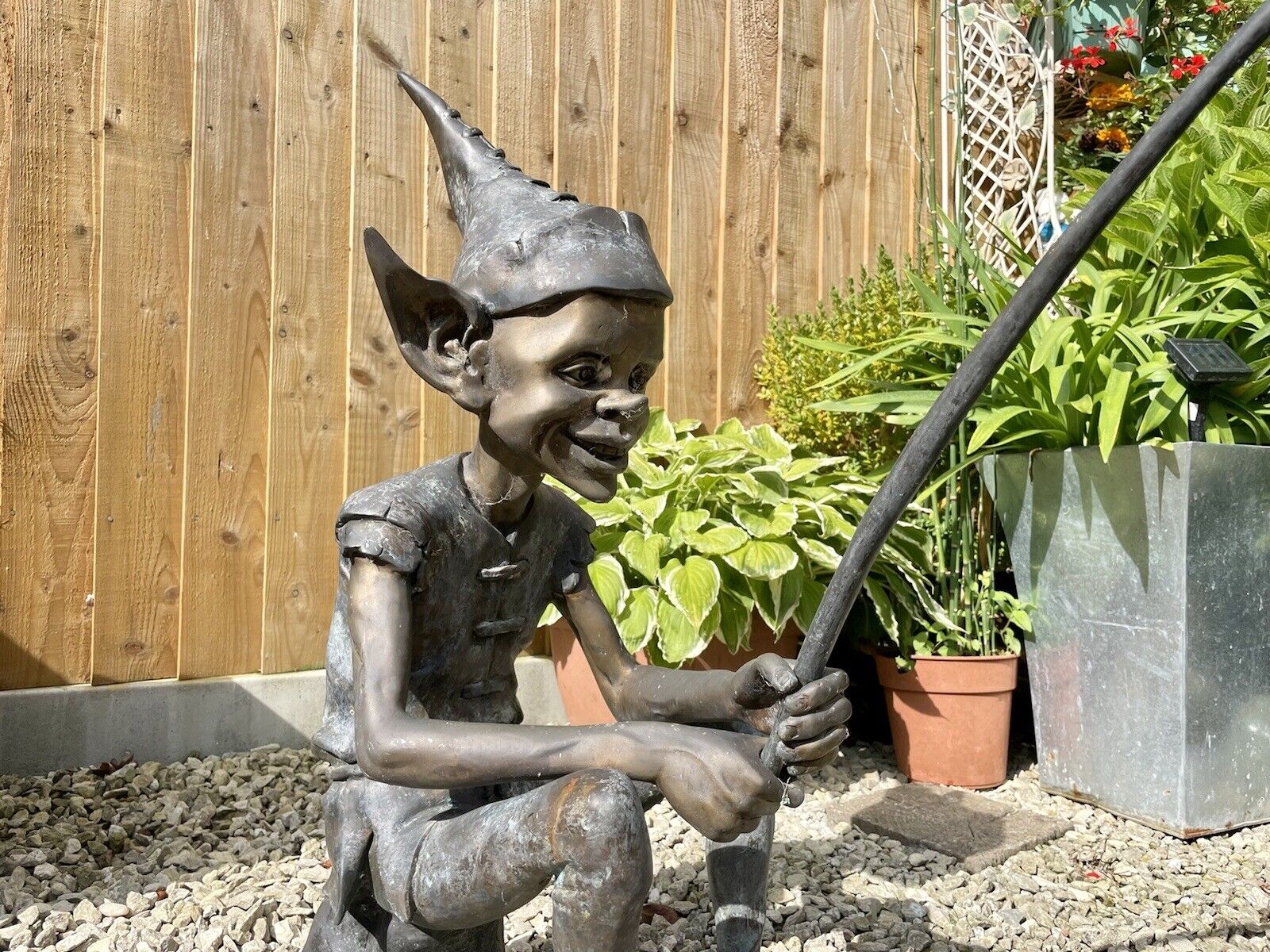 Bronzed Garden Statue of a Fishing Pixie / Elf