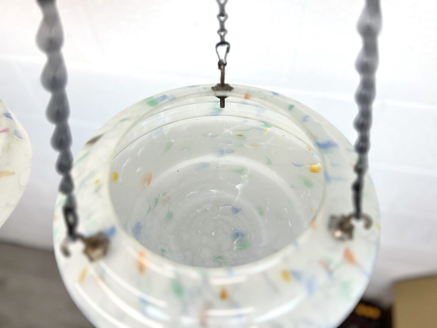 Art Deco, Multi-Coloured Ribbed Glass Ceiling Light Shade / Bowl & Chain