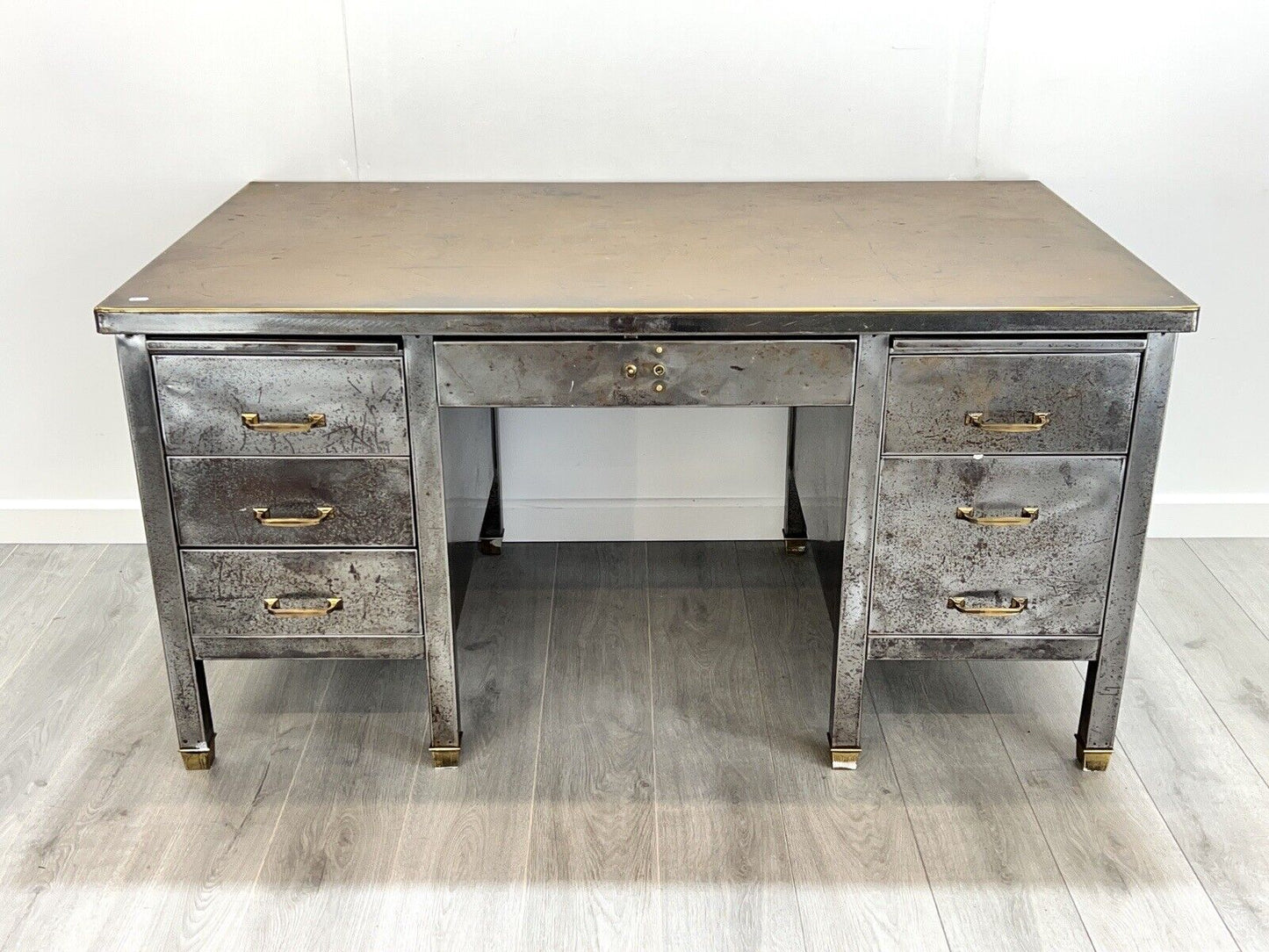 Steel, Brass and Leather Topped Double Pedestal Industrial Desk