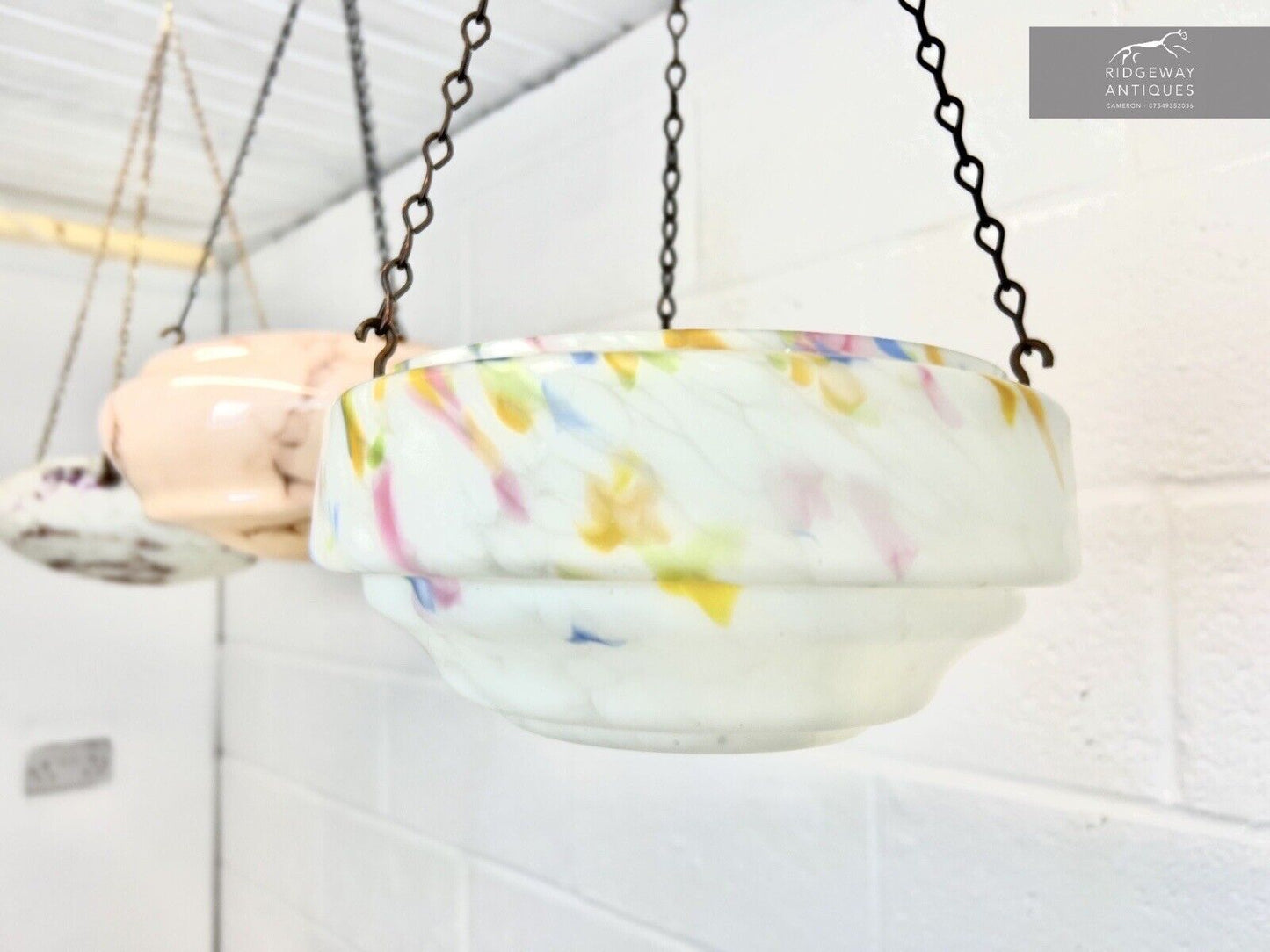 Art Deco, Multi-Coloured Glass Ceiling Light Shade / Bowl & Chain