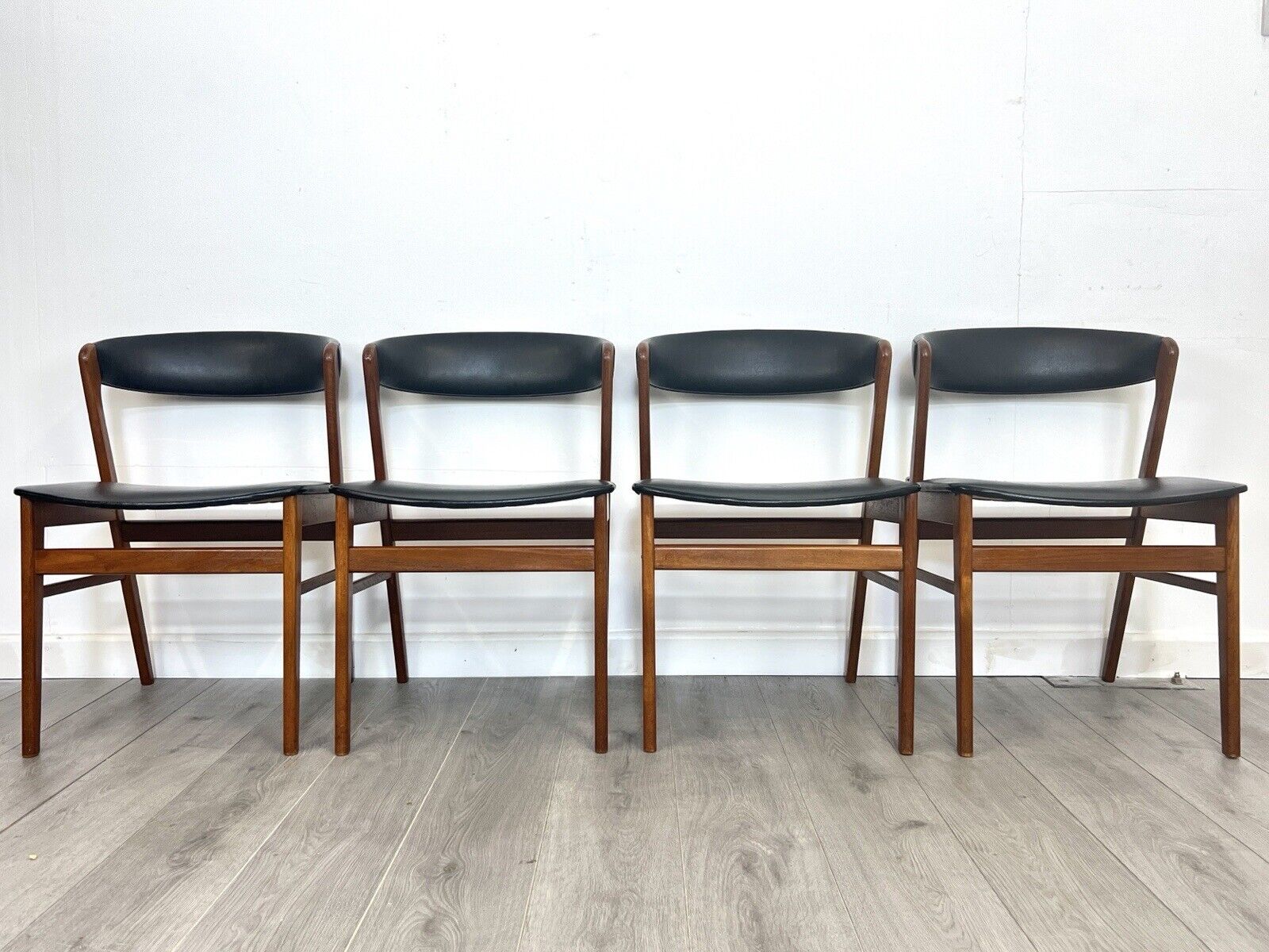 Sax, Set of 4 Mid Century Teak and Leatherette Dining Chairs