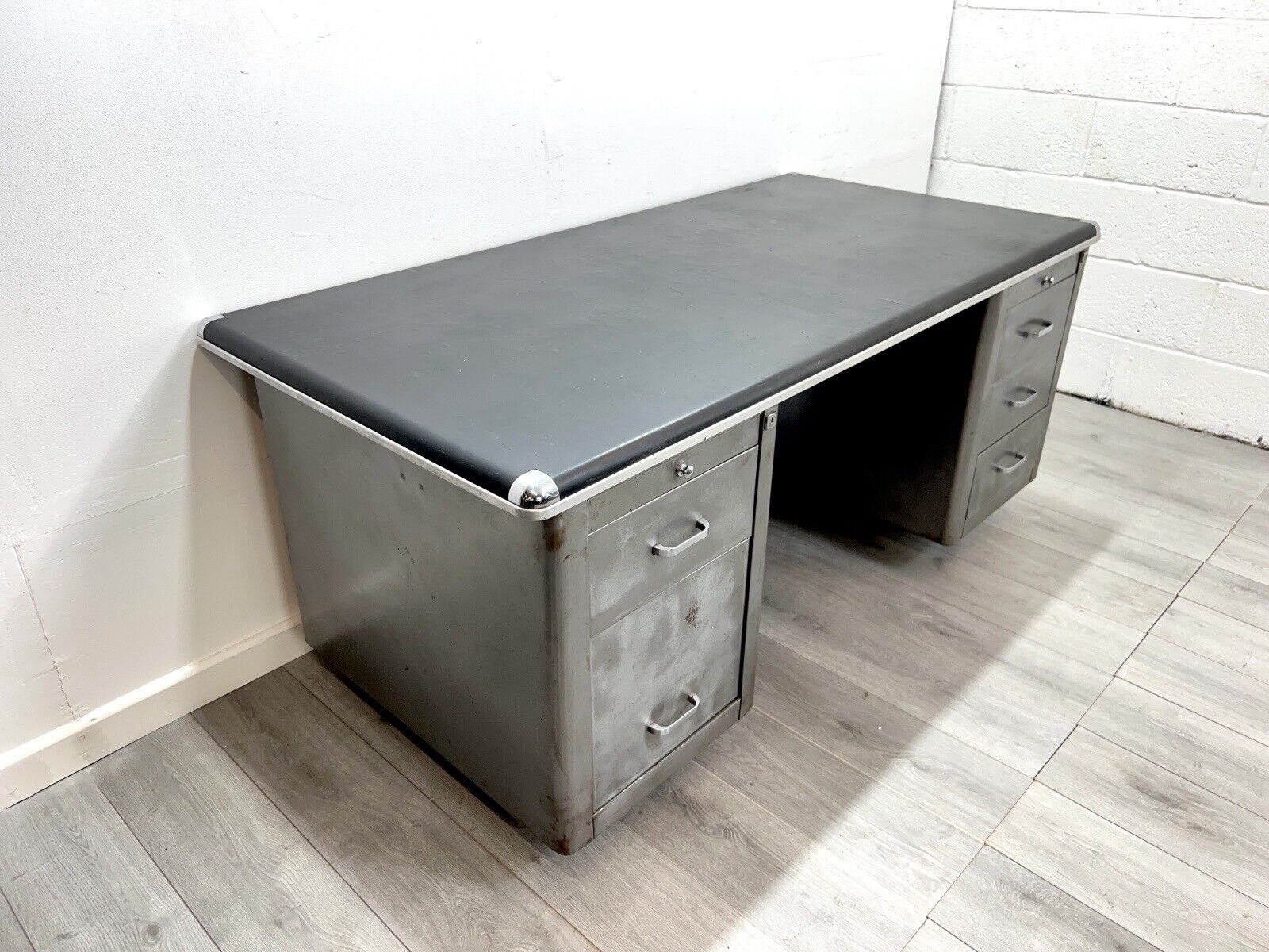 Vintage Steel Double Pedestal Tanker Desk with Leatherette Top