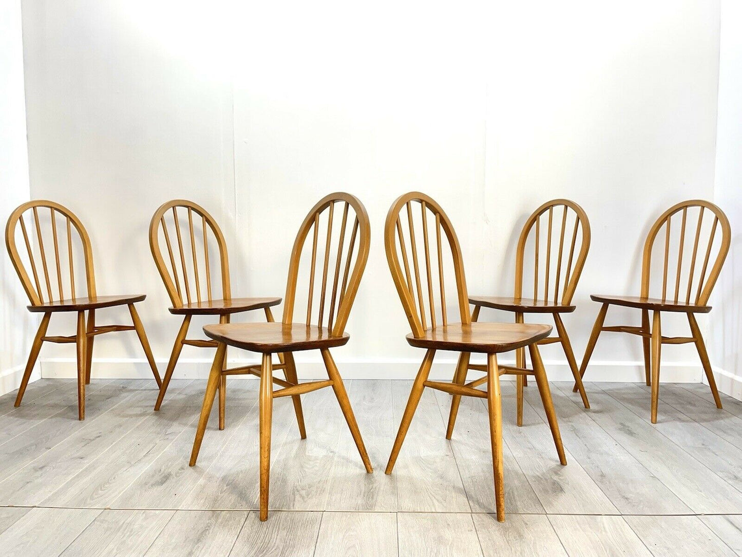 Ercol Model 400, Set of 6, Vintage Elm Hoop Back Kitchen Chairs