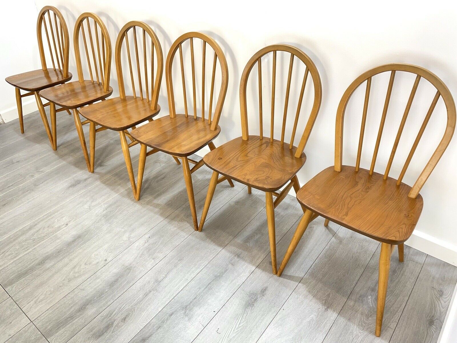 Ercol Model 400, Set of 6, Vintage Elm Hoop Back Kitchen Chairs