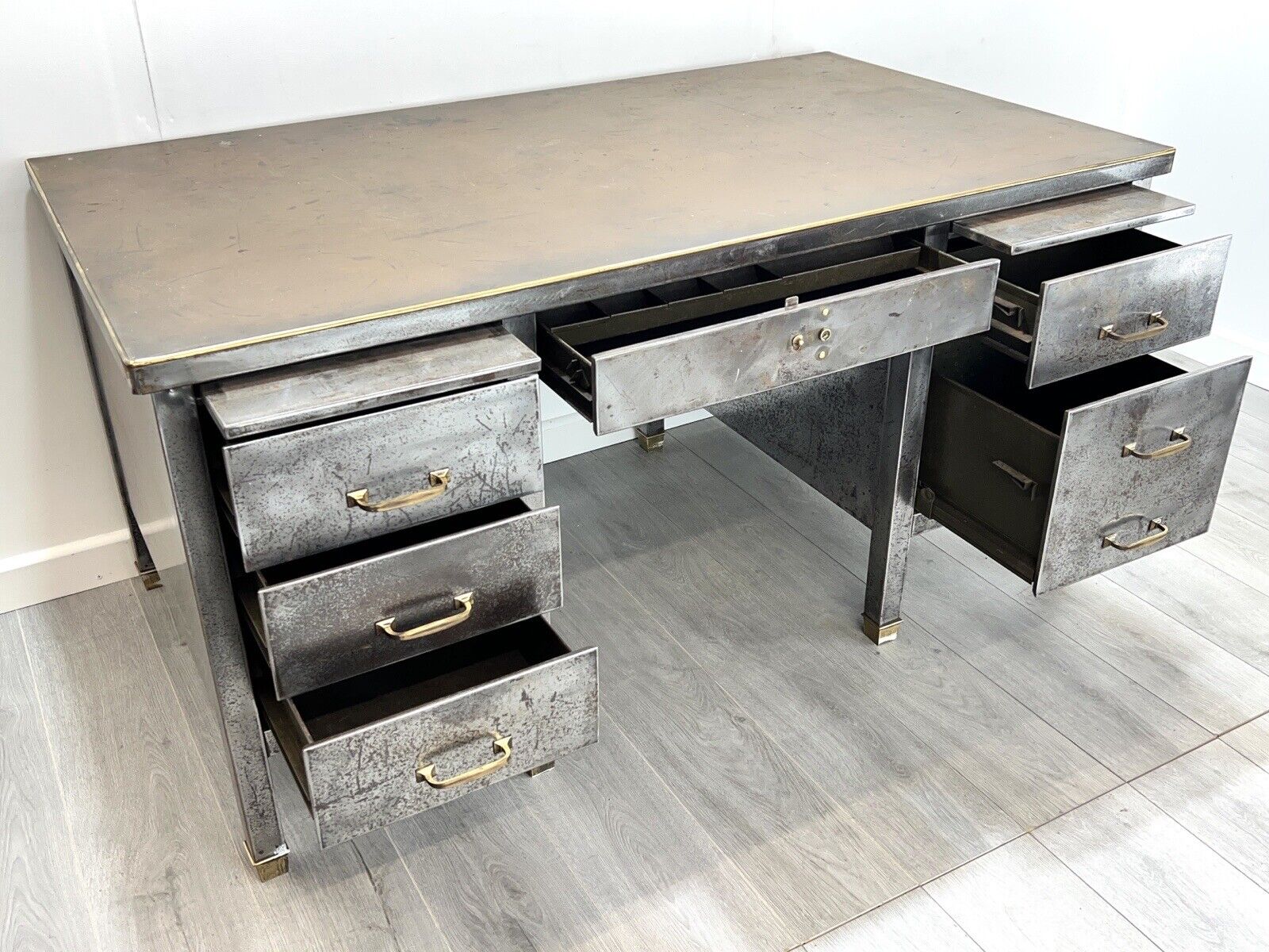 Steel, Brass and Leather Topped Double Pedestal Industrial Desk