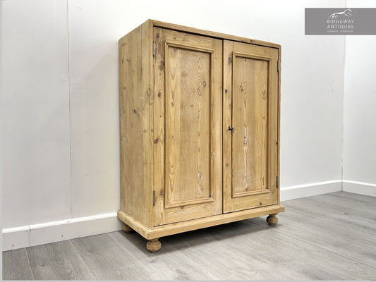 Stripped Antique Pine, Double Door Cupboard With Hidden Drawers