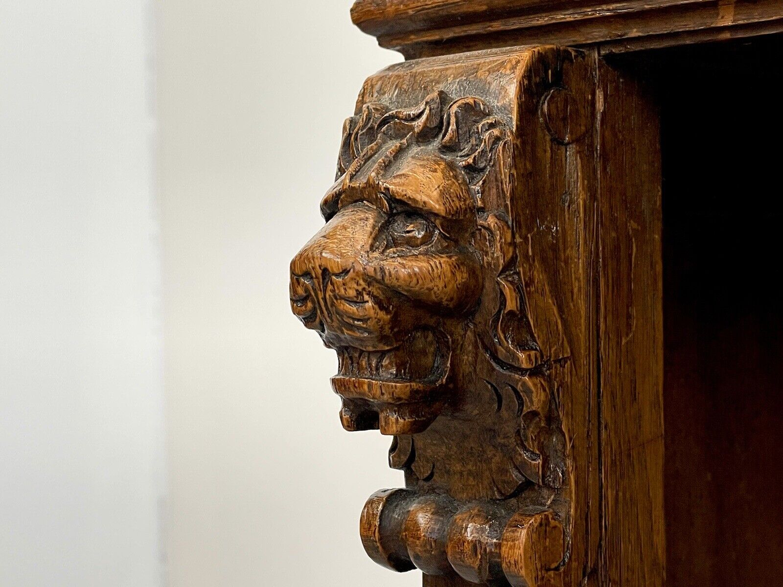 19th Century, Carved Oak, Flemish Style Lion Mask Pedestal Desk