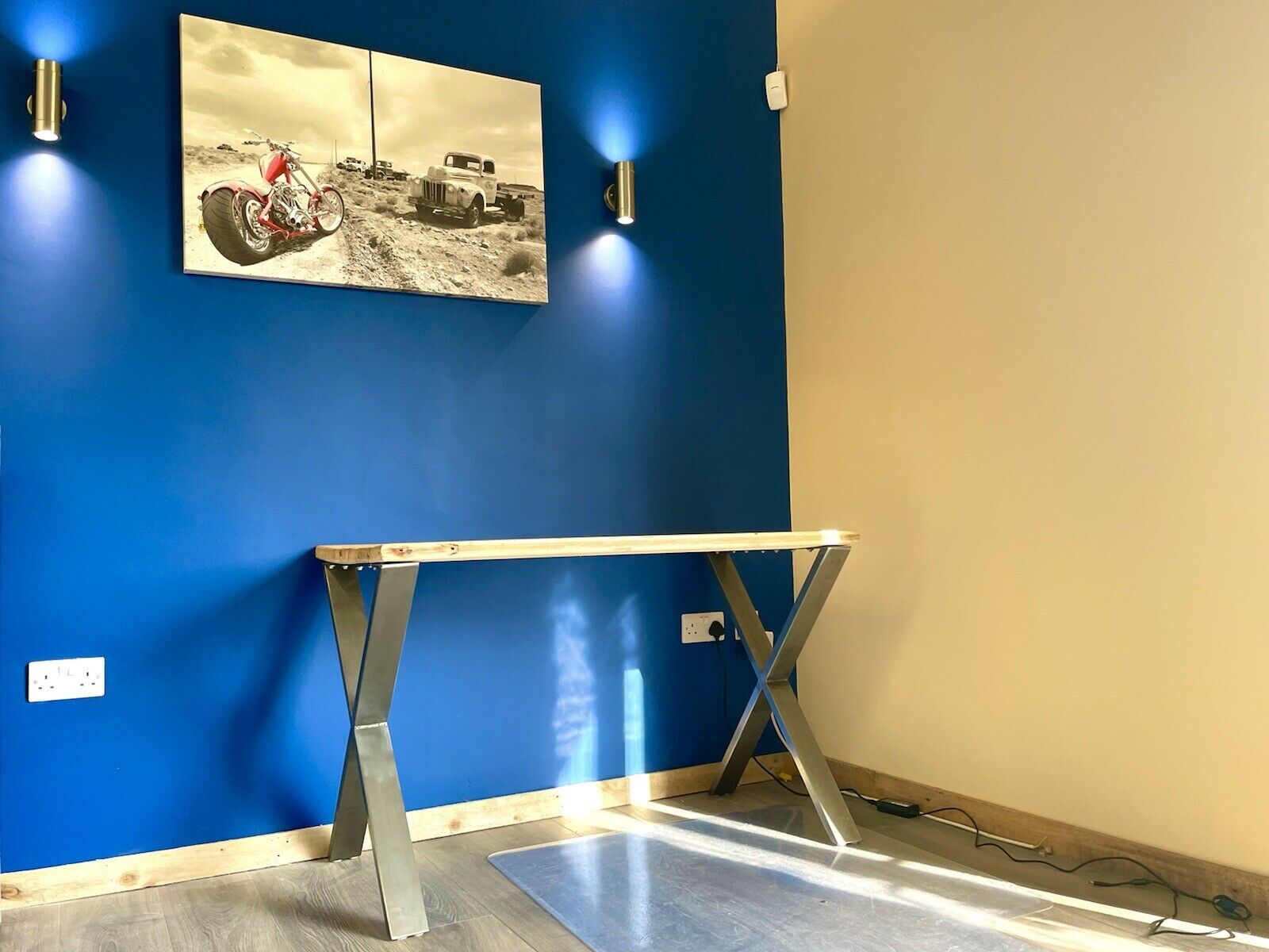 Rustic / Industrial, Handmade Plank Top Desk Upon Stainless Steel X Frame Legs