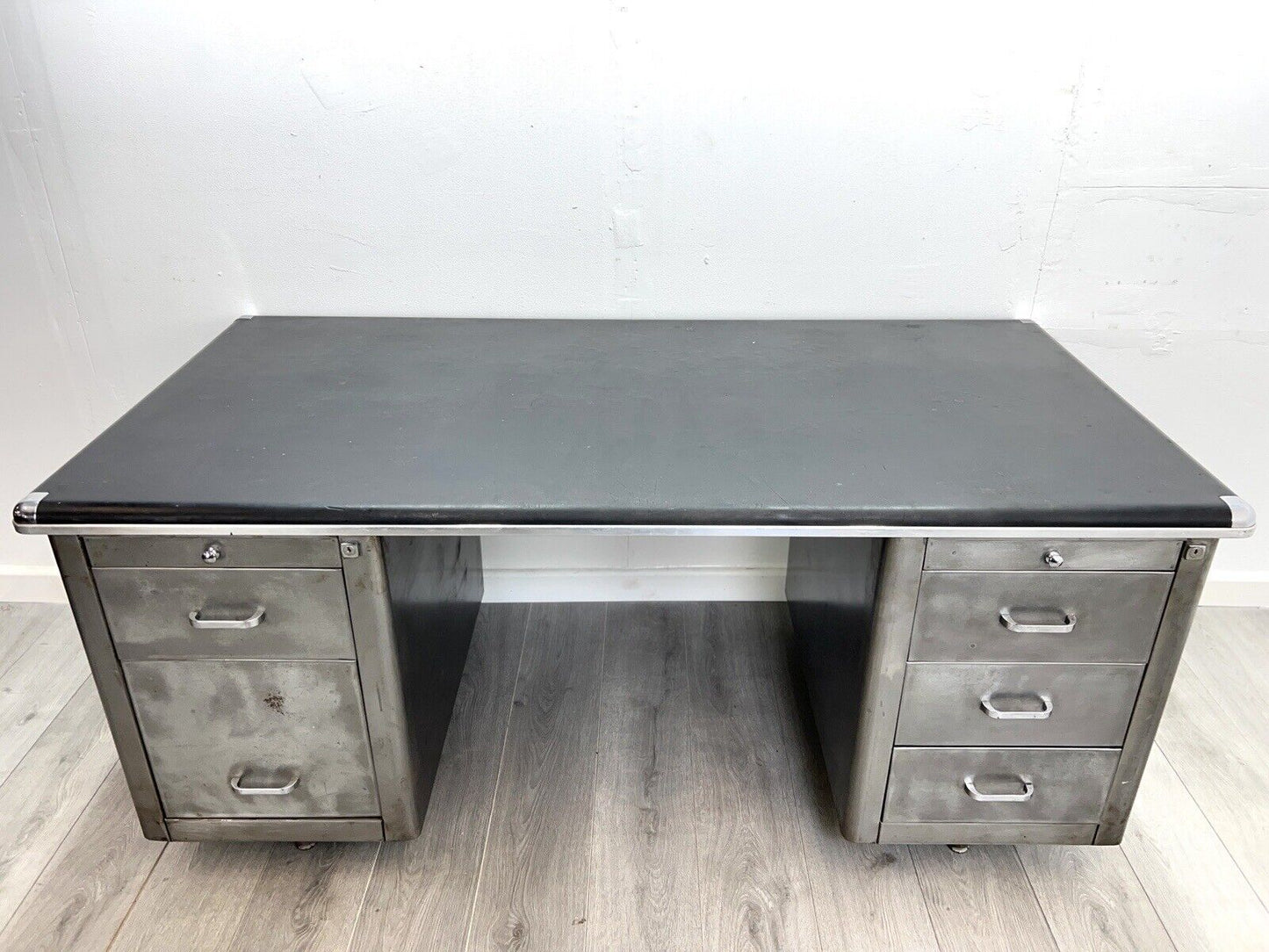 Vintage Steel Double Pedestal Tanker Desk with Leatherette Top