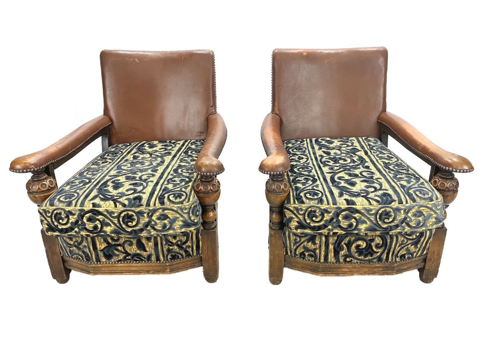 Pair Of Oak And Leather Club / Bergère Chairs