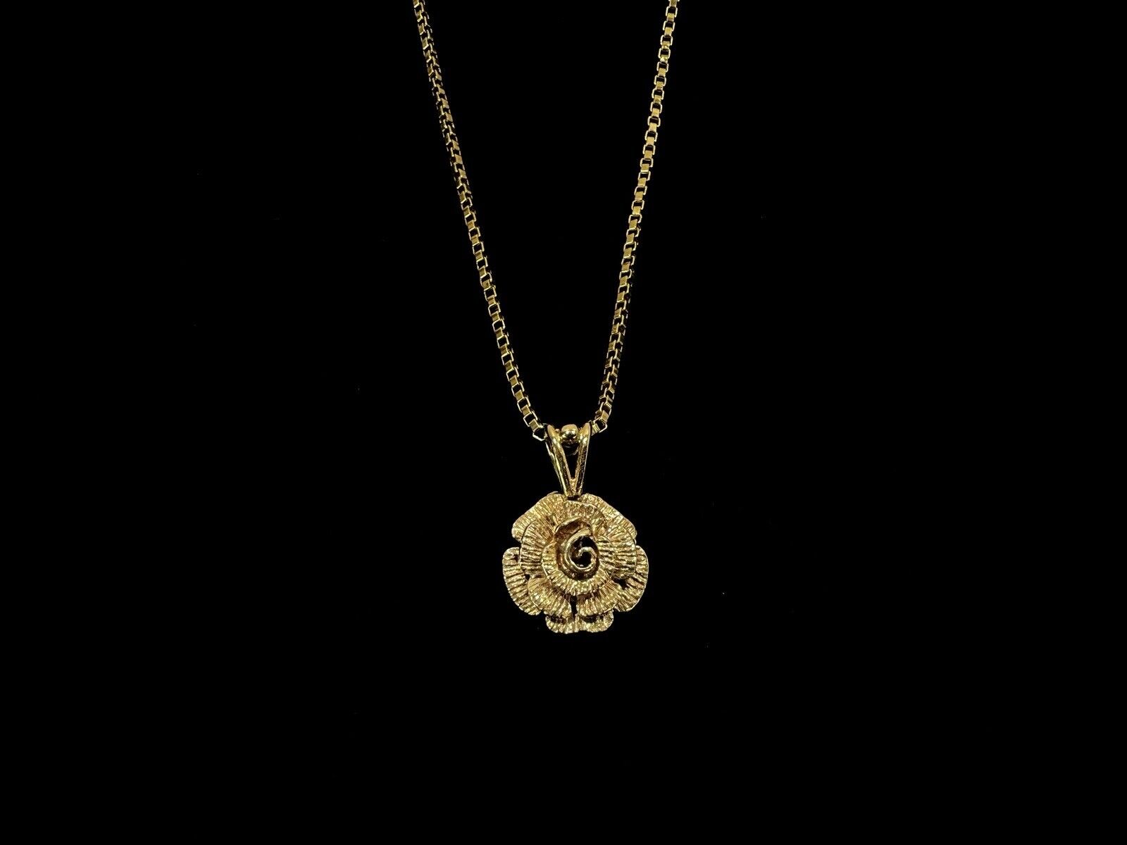 9ct Yellow Gold, Box Chain Necklace with Rose Pendant - 24.5”, 9.5g