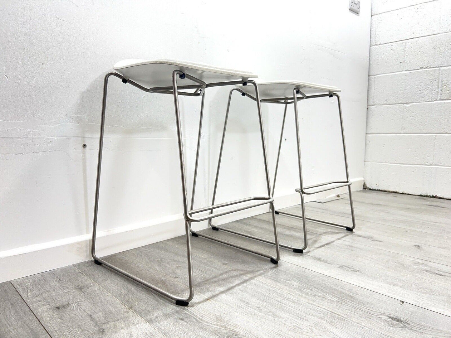 Pair of Modern White Leather Stools on a Stainless Steel Base