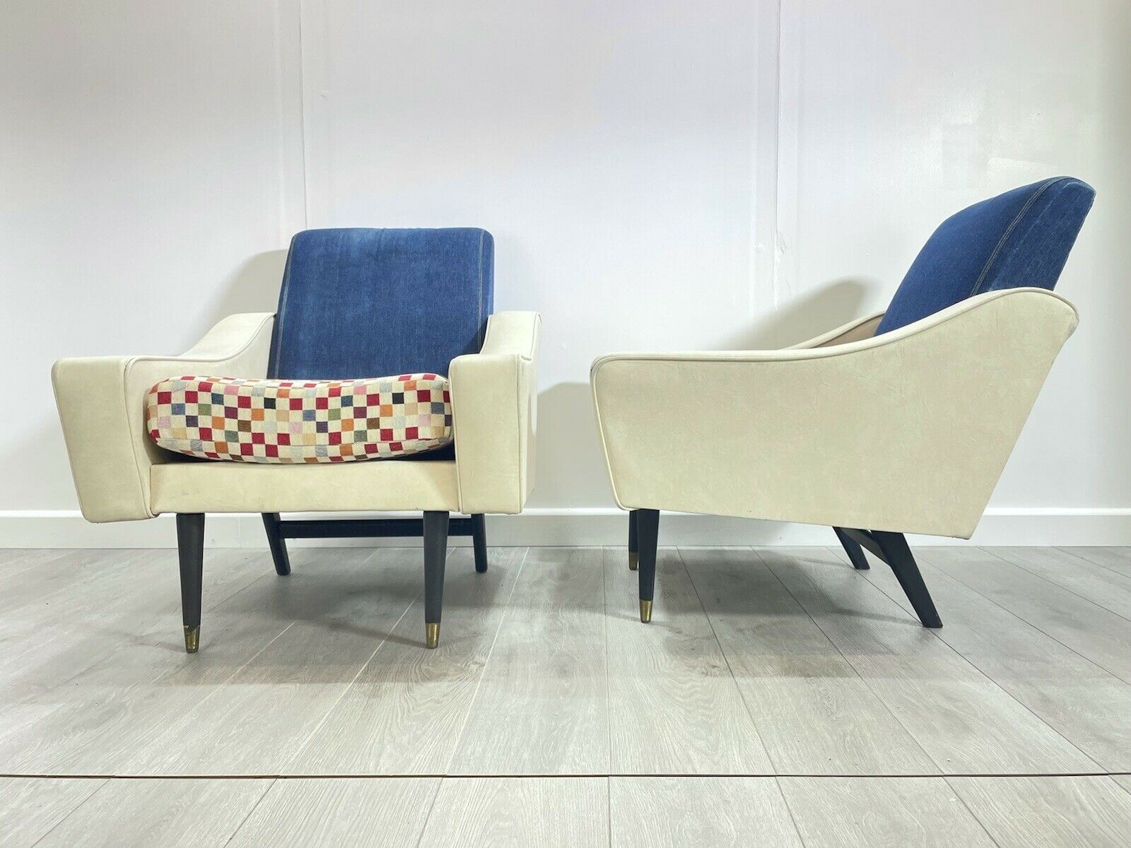 Pair of Retro, White Leather and Denim Lounge Chairs