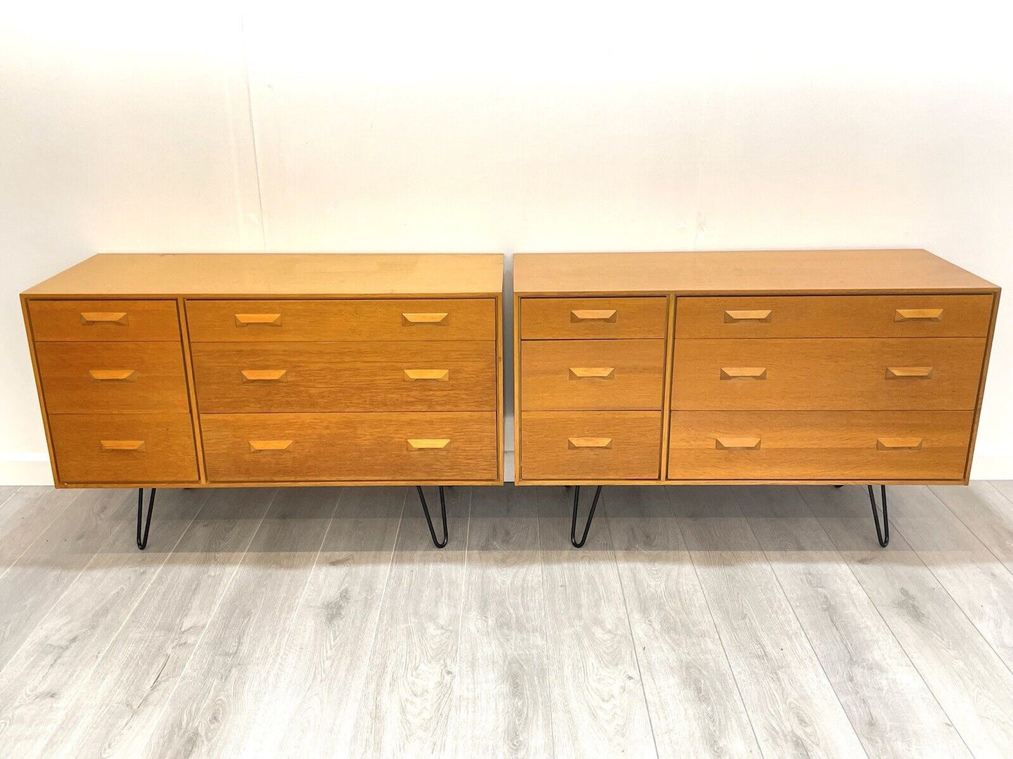 Pair of Stag Concord, 6 Drawer Oak Chest of Drawers Upon Hairpin Legs