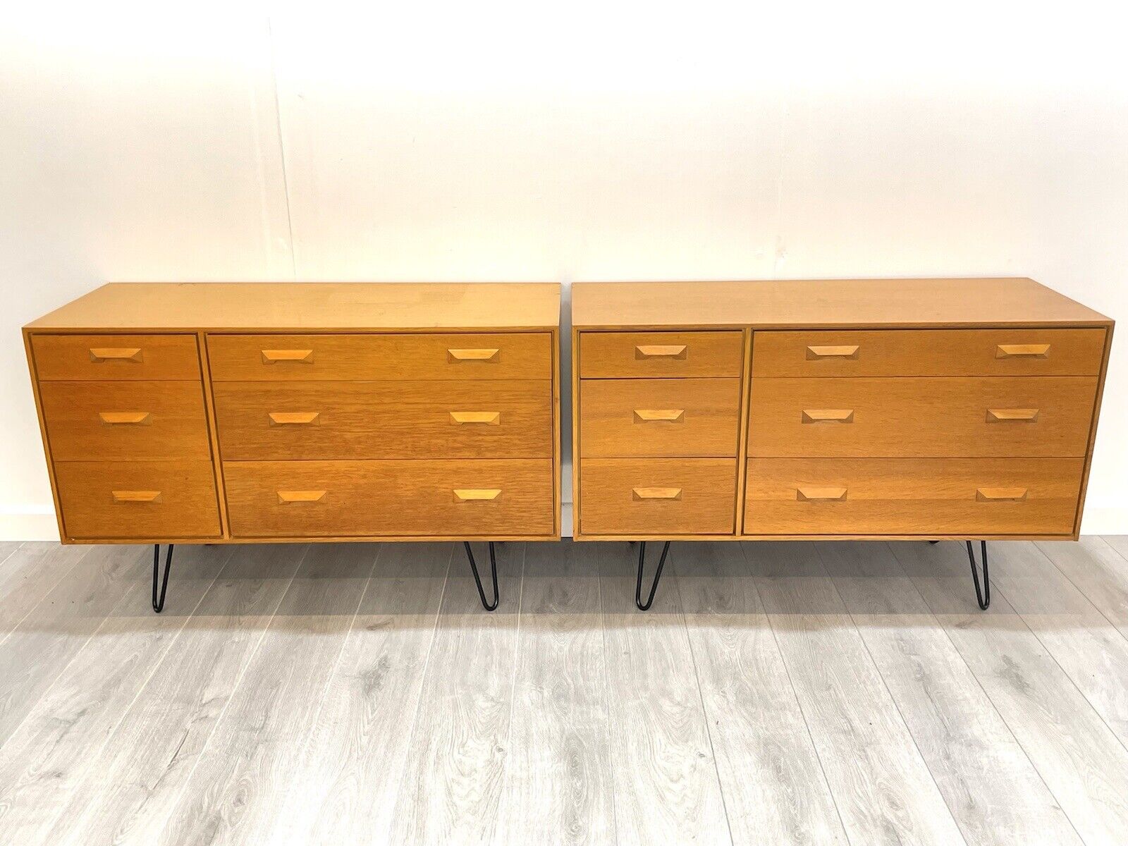 Pair of Stag Concord, 6 Drawer Oak Chest of Drawers Upon Hairpin Legs