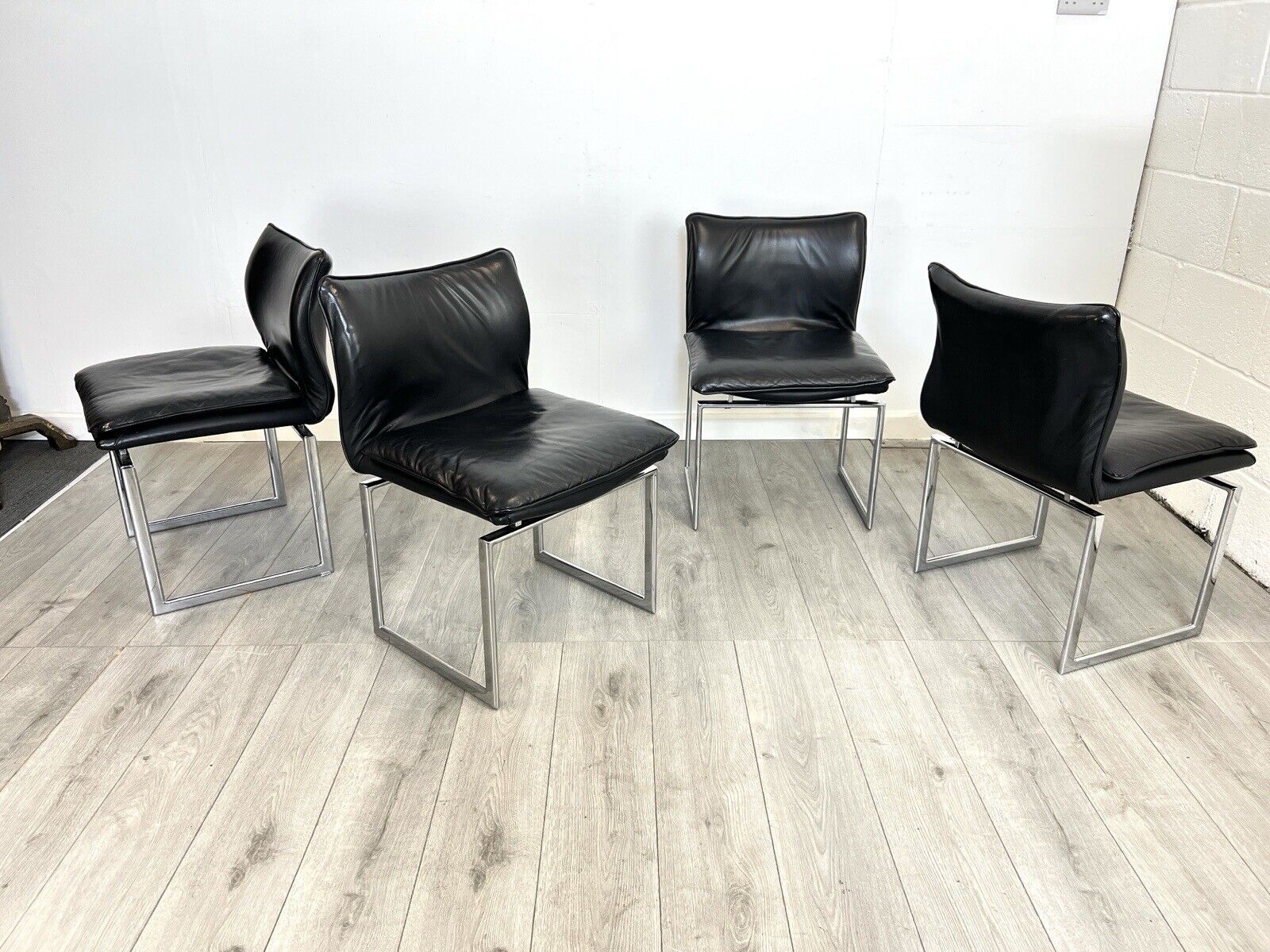 Pieff Epee, Set of 4 Chrome and Black Leather Dining Chairs