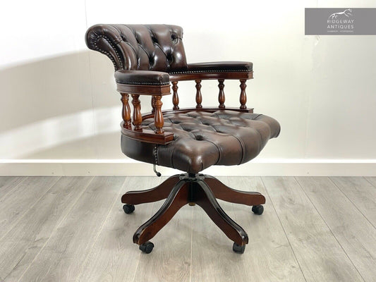 Brown Leather and Mahogany, Swivel Captains Chair