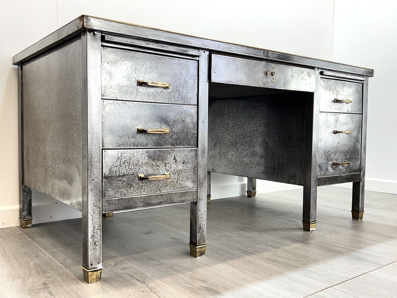 Steel, Brass and Leather Topped Double Pedestal Industrial Desk