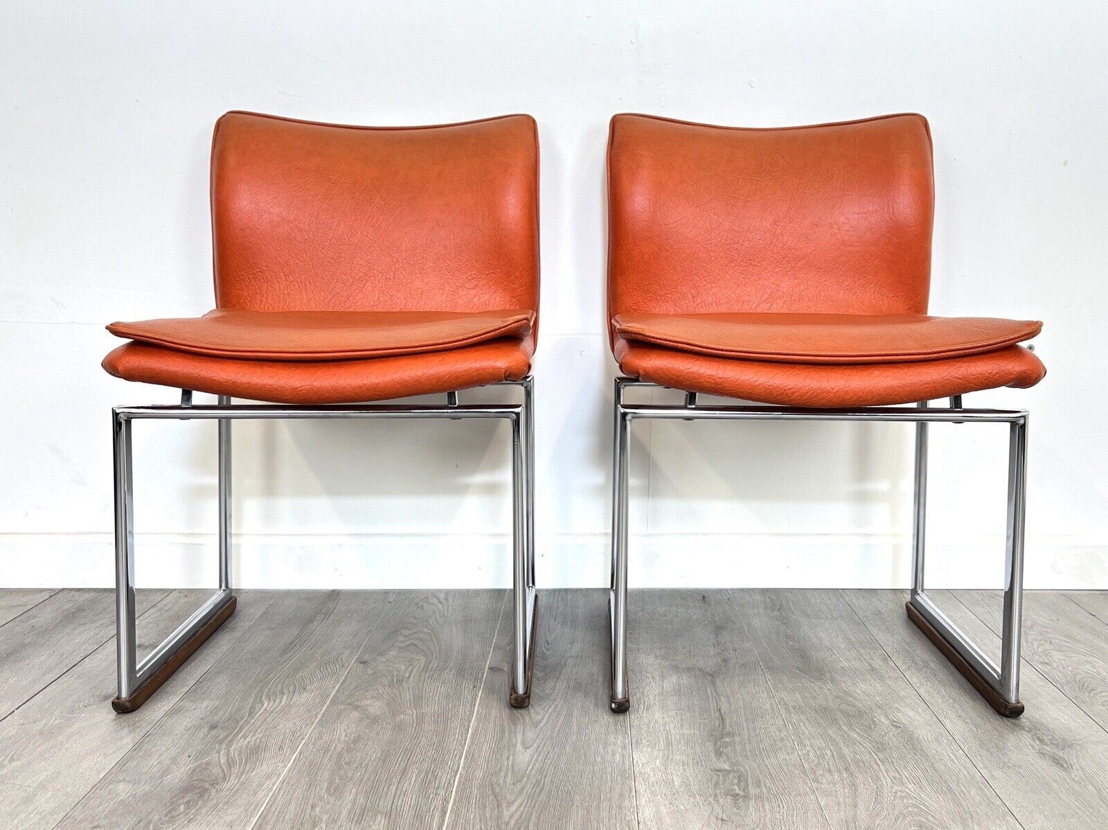Pieff Epee, Pair of Chrome and Orange Leather Dining Chairs