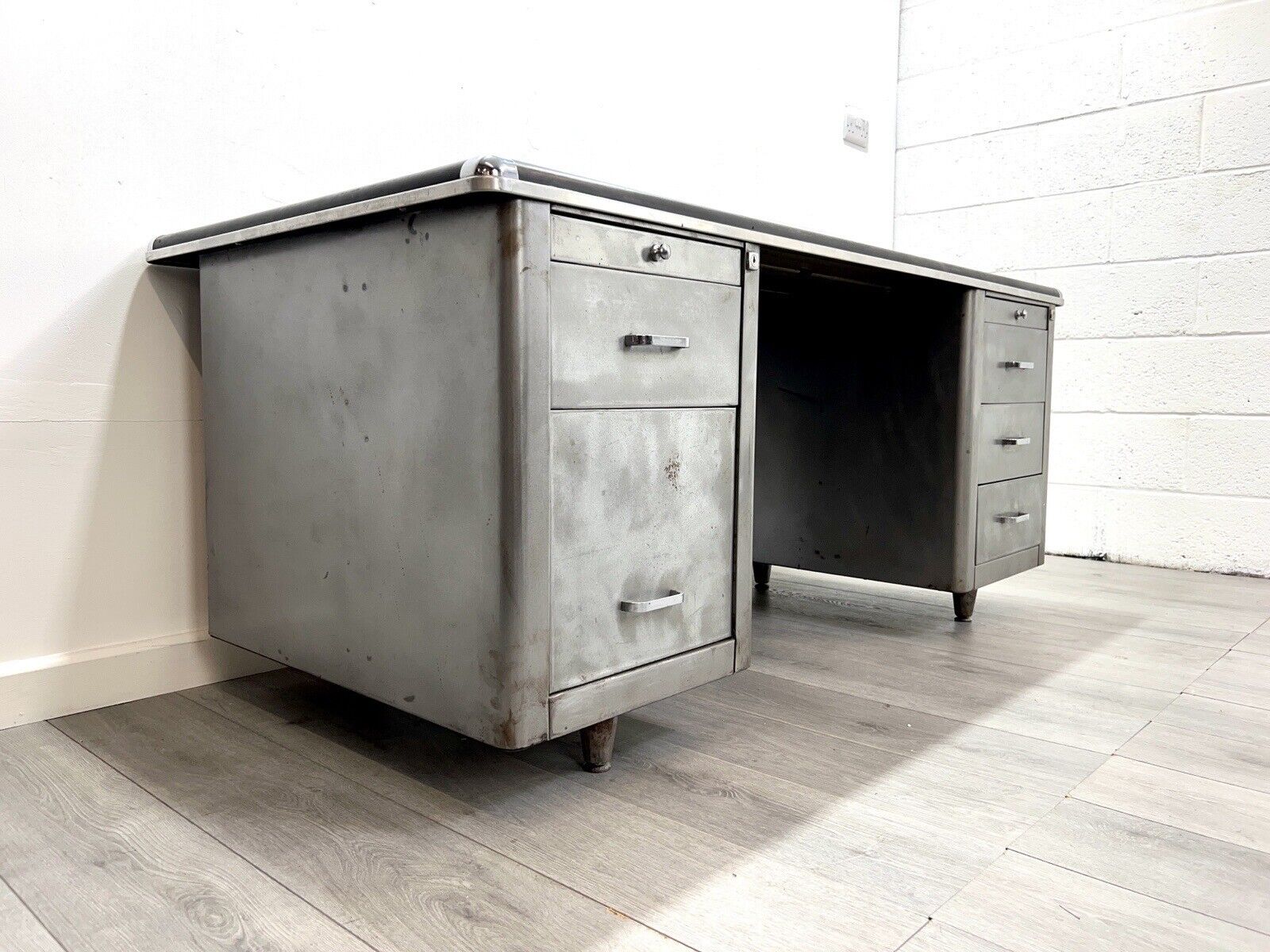 Vintage Steel Double Pedestal Tanker Desk with Leatherette Top