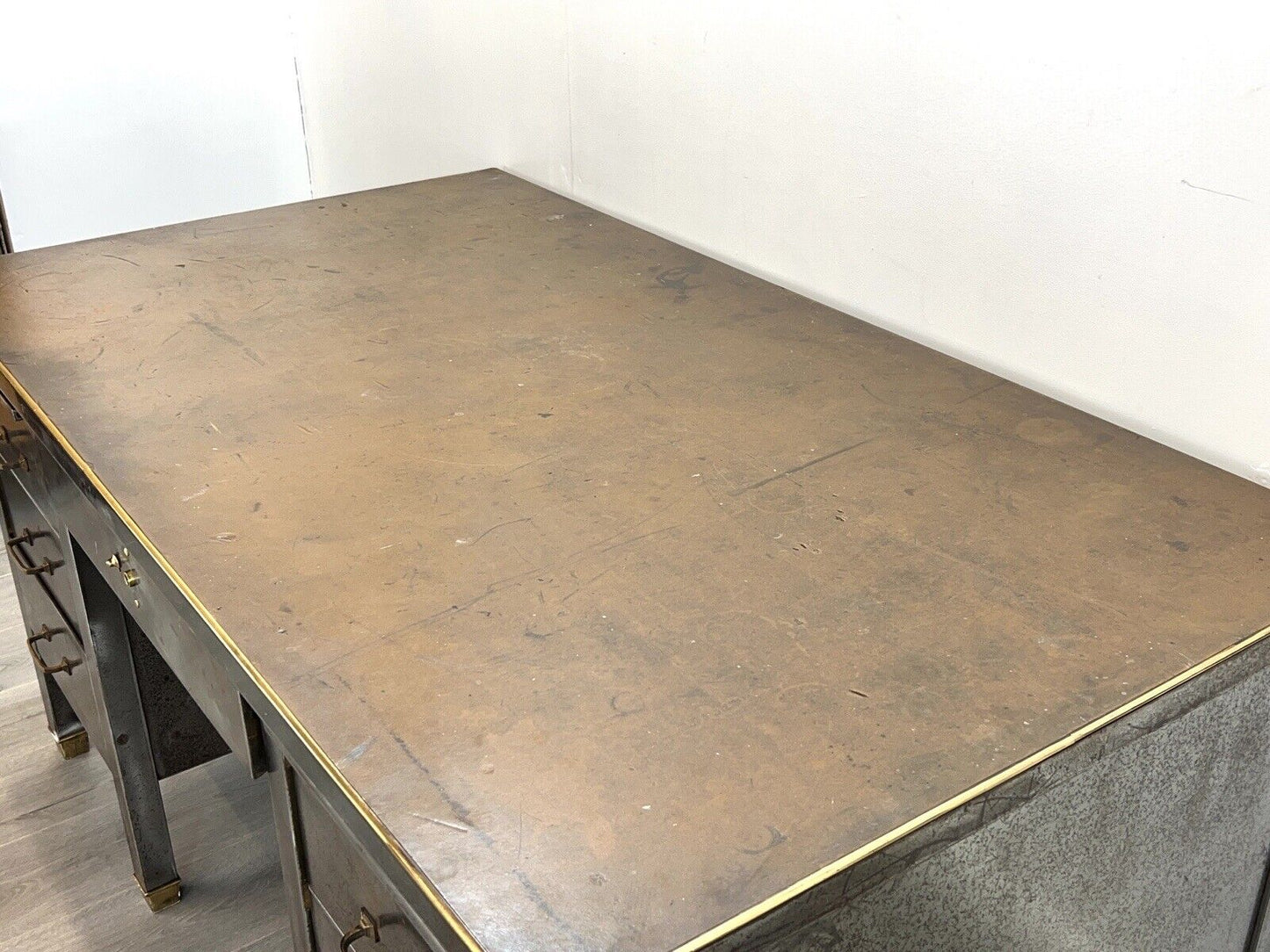 Steel, Brass and Leather Topped Double Pedestal Industrial Desk