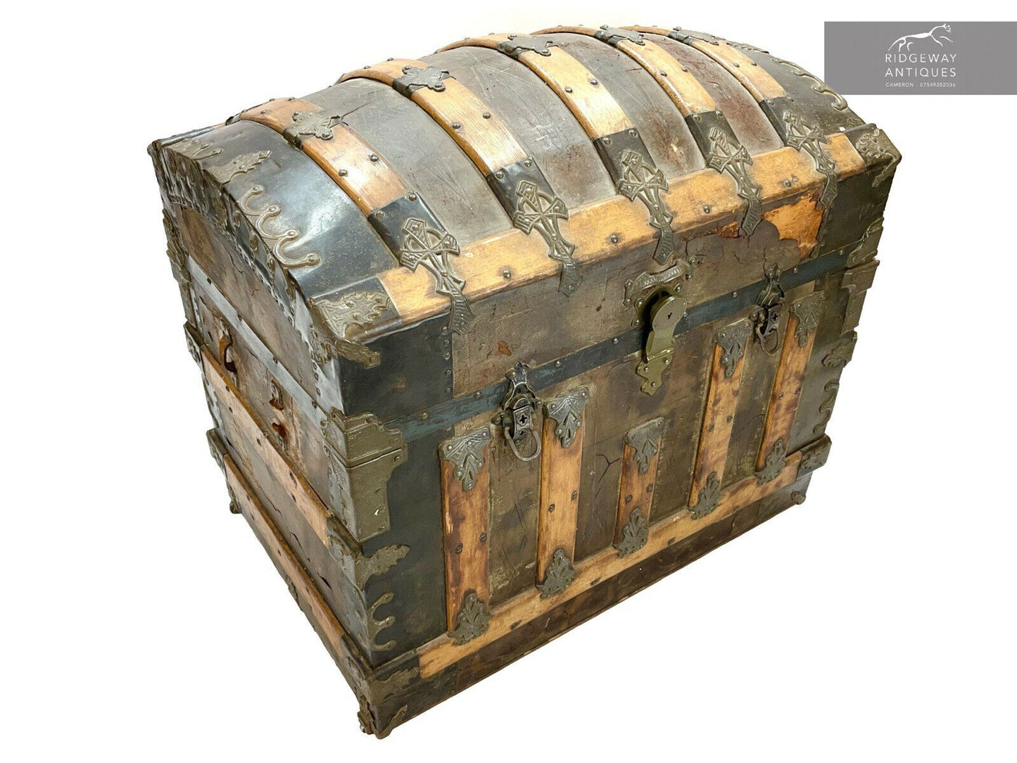 A 19th Century, Dome Topped, Iron Bound Steamer Trunk / Chest With Original Interior