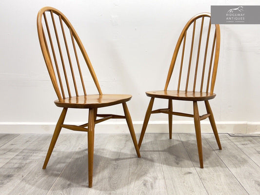 Ercol Quaker 365, Set Of 2 Mid Century Blue Label Dining Chairs.